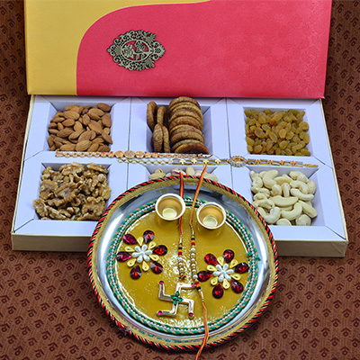 Magnificent Attractive Design Rakhi Pooja Thali with 6 Types of Delicious Dry Fruits