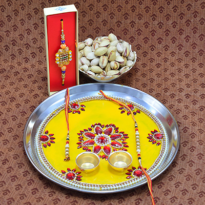 Wonderful Beads Crafted Rakhi Pooja Thali with Tasty Pista Dry Fruit