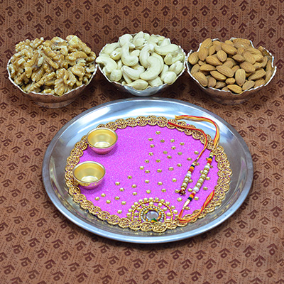 Eye Catching Rakhi Pooja Thali with Three Types of Delicious Dry Fruits