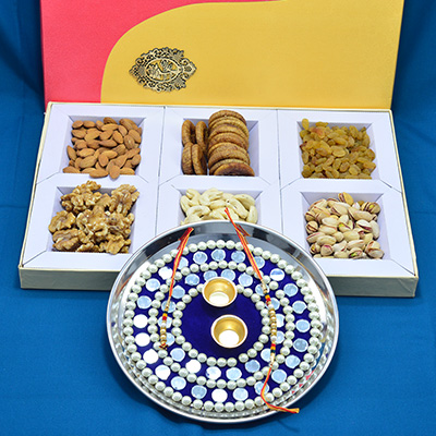 Magnificent Attractive Rakhi Pooja Thali with 6 Types of Delicious Dry Fruits