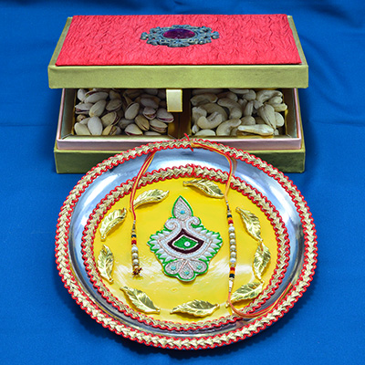 Wonderful Crafted Rakhi Pooja Thali with 4 Types of Luscious Dry Fruits