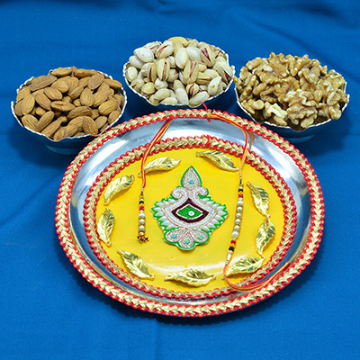 Eye Catching Unique Design Crafted Rakhi Pooja Thali with 3 Types of Delicious Dry Fruits