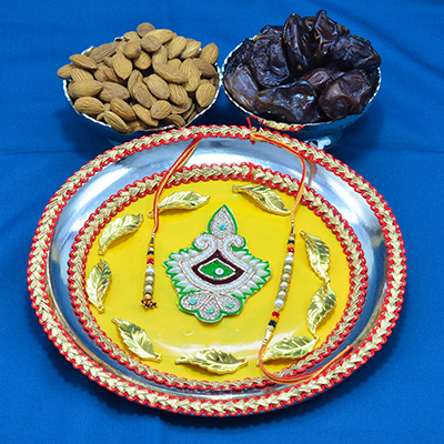 Marvellous Traditional Rakhi Pooja Thali with Tasty Almonds and Khajur dry fruits