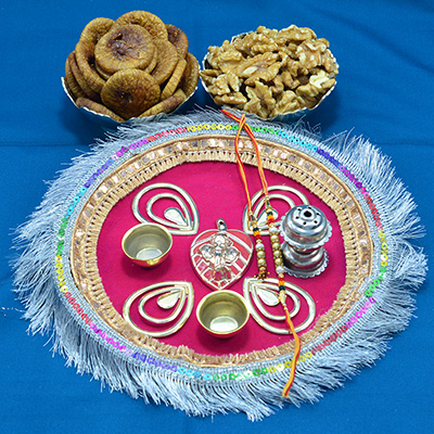 Amazing Eye Catching Crafted Rakhi Pooja Thali with Figs and Walnut Dry Fruits