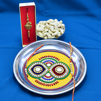 Awesome Eye Catching Beads Crafted Rakhi Pooja Thali with Cashew