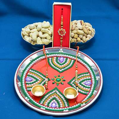 Prodigious Handmade Rakhi Pooja Thali with 2 Types of Dry Fruits