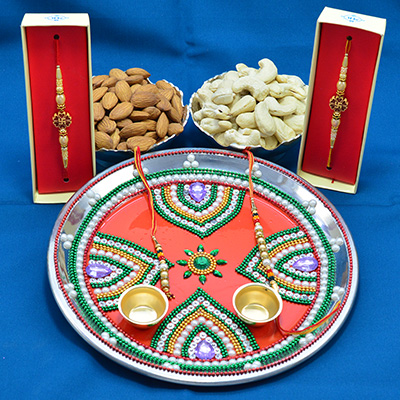 Gorgeous Multi color Pearl Crafted Pooja thali with Delicious Khajur