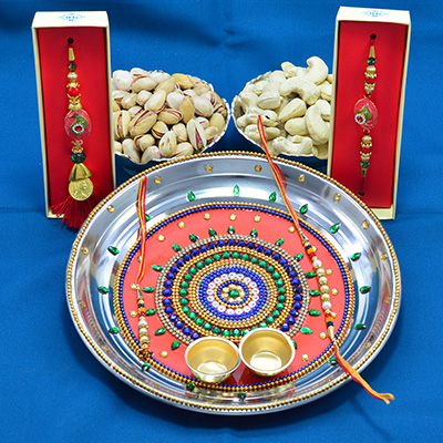 Amazing Crafted Traditional Rakhi Pooja Thali with Delicious Almonds and Kaju