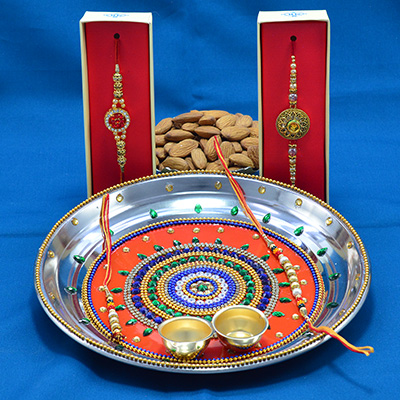 Magnificent Creative Design Rakhi Pooja Thali with 2 Types of Dry Fruits