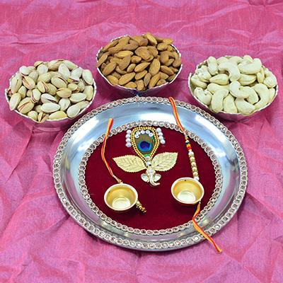 Amazing Peacock Feathers Design Pooja thali with 3 Types of Dry Fruits