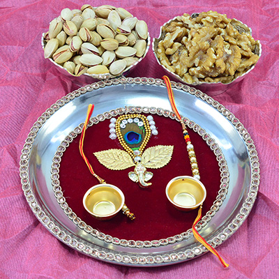Eye Catching Traditional Pooja Thali with Tasteful Walnut and Pista