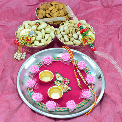 Miraculous Flower Shaper Pooja Thali with Rich Look Bhaiya Bhabhi Rakhi and 3 Types of Delicious Dry Fruits