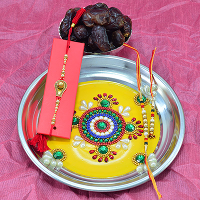 Marvellous Yellow Theme Pooja Thali with Tasty Khajur