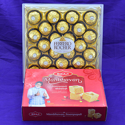 24 pcs Golden Ferrero Rocher Chocolate with Sapid Bikaji Manbhavan Soanpapdi