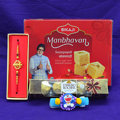 Attractive Golden Rakhi with Smiling Kids Rakhi with Premium Ferrero Rocher and Bikaji Soanpapdi