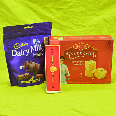 Captivating Golden Beads Rakhi with Yummy Cadbury Dairy Milk Minis and Bikaji Soanpapdi