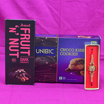 Amazing Jewel Rakhi with Delicious Amul Fruit n Nut with Choco Kiss Cookies