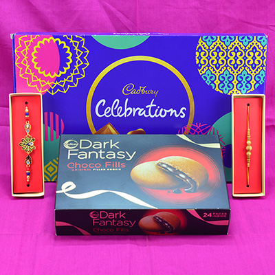 Gorgious Designer n Beads Rakhi with Luscious Dark Fantasy Choco Fills and Yummy Cadbury Celebrations