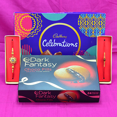 Splendid Golden Jewel n Beads Rakhi with palatable Cadbury Celebrations and Yummy Dark Fantasy Choco Fills