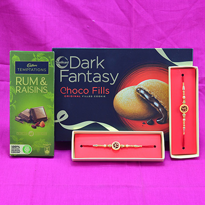 Prodigious Divine 2 OM Rakhi with Cadbury Temptations Rum n Raisins and Yummy Dark Fantasy Choco Fills