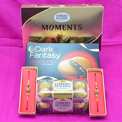 Marvellous Jewel Rakhi with Ferrero Rocher Moments and Dark Fantasy Choco Fills with dainty Ferrero Rocher 16 Pcs