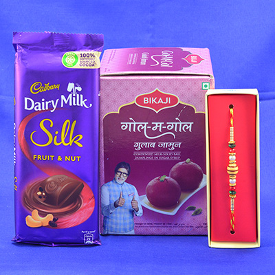 Amazing Sandalwood Rakhi with palatable Cadbury Dairy Milk Silk Fruit n Nut with Bikaji Gol Matol Gulab Jamun