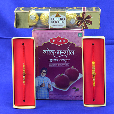 Attractive Pearl n Sandalwood Rakhi with Yummy Ferrero Rocher and Bikaji Gol Matol Gulab Jamun