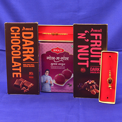 Eccentric Bhaiya Bhabi Rakhi with Lumba Rakhi and Mouthwatering Bikaji Gol Matol Gulab Jamun with savory Amul Fruit n Nut and Amul Dark Chocolate