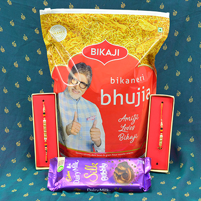 Wonderful Jewel Bhaiya Bhabhi Rakhi with delicious Dairy Milk Silk and Bikaji Bikaneri Bhujia
