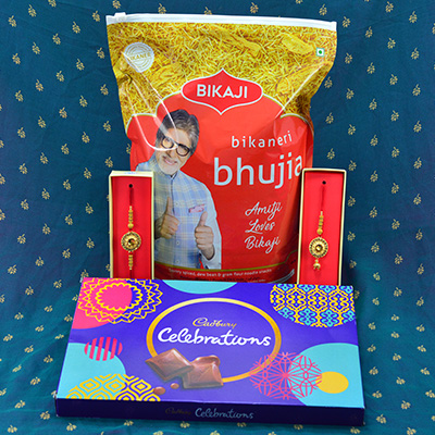 Amazing Golden Designer Rakhi with Delicious Cadbury Celebrations with spicy Bikaji Bikaner Bhujia
