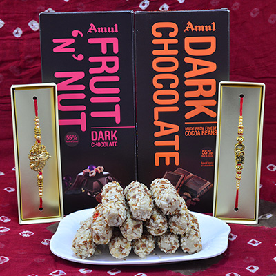 Condimental Kaju Butterscotch Roll with Luscious Amul Dark Chocolates with Stunning Pearl Rakhi