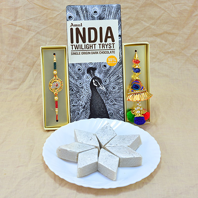 Amazing Eye Catching Zardosi work Bhaiya Bhabhi Rakhi with Luscious Kaju Katli and Yummy Amul India Twilight Tryst Chocolate Hamper