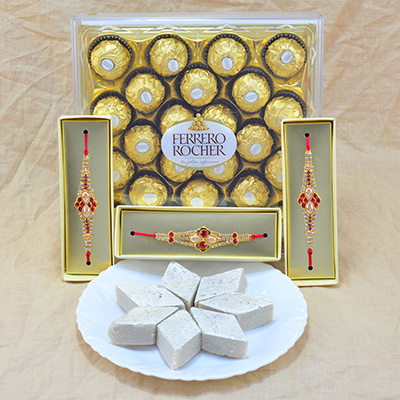 Magnificent Diamond Jewel Rakhis with Luscious 24 Pcs Ferrero Rocher and Tasty Kaju Katli Hamper