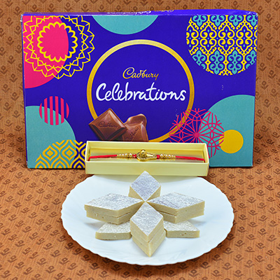 Delicious Kaju Katli with Luscious Cadbury Celebrations with Stunning Rakhi Hamper