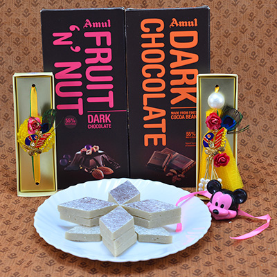 Seductive Bhaiya Bhabhi Zardosi Rakhi and Kids Rakhi with Delicious Amul Dark Chocolate with Luscious Kaju Katli Hamper
