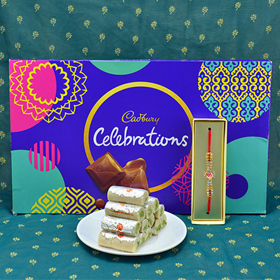 Amazing Diamond Jewel Rakhi with Delicious Cadbury Celebrations with Mouthwatering Kaju Roll Hamper