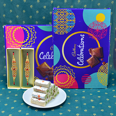 Amazing Diamond Jewel Zardosi Rakhi with Mouthwatering Cadbury Celebrations with captivating Kaju Roll