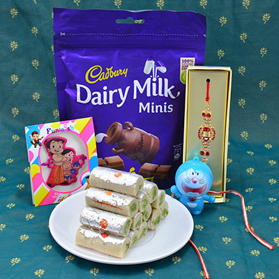 Rich Look Diamond Jewel Rakhi with Kids Cartoon Rakhi and Yummy Cadbury Celebrations with Tasteful Kaju Roll