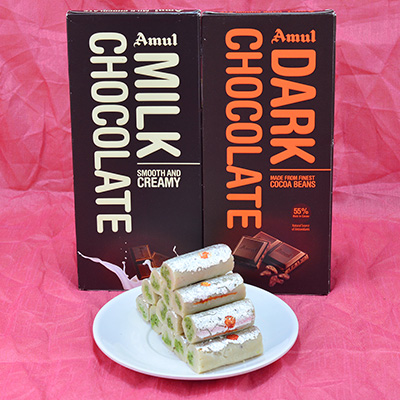 Finger Licking Amul Dark and Milk Chocolate with Mouthwatering Kaju Roll Hamper