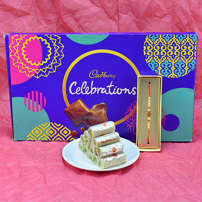 Gorgeous Sandalwood Rakhi with Luscious Kaju Roll with Cadbury Celebrations Hamper