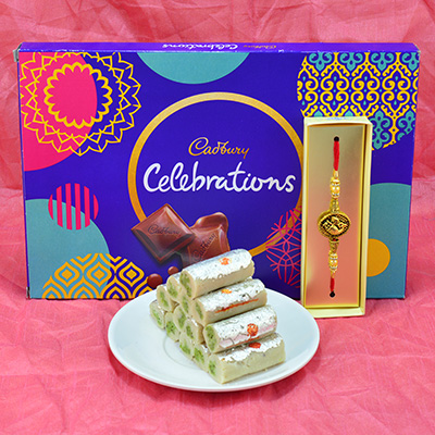 Amazing Eye Catching Rakhi with Yummy Cadbury Celebrations and savory Kaju Roll