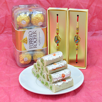 Awesome Eye Catching antique Multicolor Rakhi with Delicious Ferrero Rocher with Tasty Kaju Roll