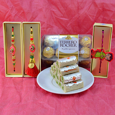Awesome Eye Catching antique Multicolor Rakhi with Delicious Ferrero Rocher with Tasty Kaju Roll