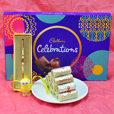 Amazing Sandalwood Beads Rakhi with Minion Rakhi and Delicious Cadbury Celebrations with Tasty Kaju Roll