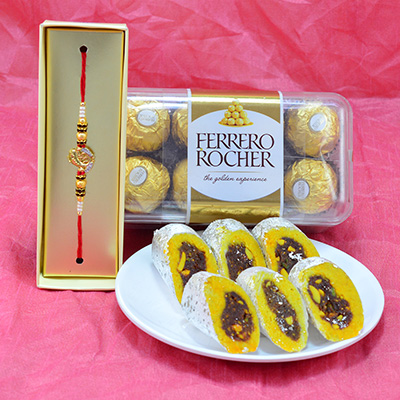 Savory Kaju Rajbahar with Delicious Ferrero Rocher and Amazing Beads Rakhi