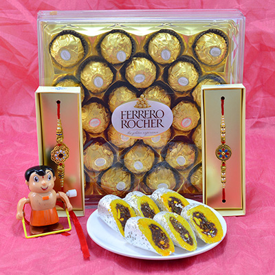 Magnificent Flower Design Diamond Beads Rakhi and Kids Rakhi with Luscious Kaju Rajbahar and 24 Pcs Ferrero Rocher