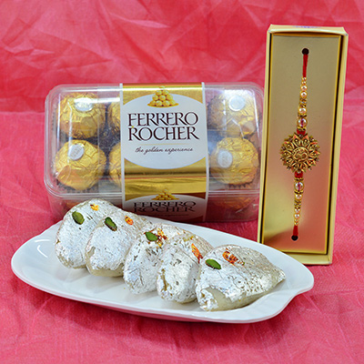 Amazing Flower Design OM Zardosi Rakhi with Delicious Ferrero Rocher and Kaju Gujiya Hampers