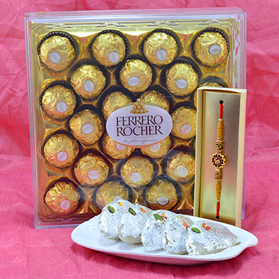 Gorgeous OM Sandalwood Rakhi with Lucious Kaju Gujiya and Delicious 24 Pcs Ferrero Rocher Hamper