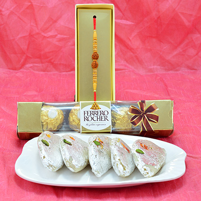 Awesome Sandalwood Beads Rudraksha Rakhi with Mouthwatering Kaju Gujia and Finger Licking Ferrero Rocher Hamper