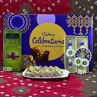 Aristocratic Eye Catching Flower Design Zardosi Bhaiya Bhabhi rakhi with Luscious Anjeer Chakra and Delicious Cadbury Chocolates